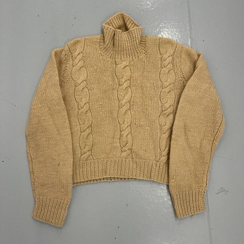 Vintage 80s Beige Wool Cable Knit Turtleneck Sweater